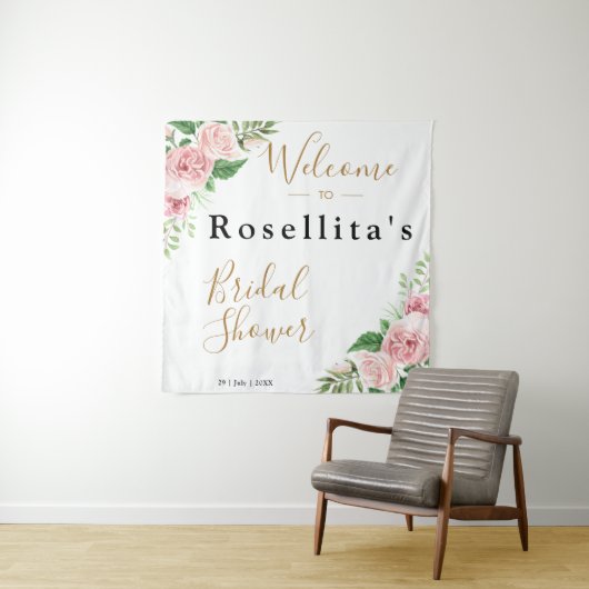 ピンクの水彩花のウェディングシャワー タペストリー (インサイチュ)