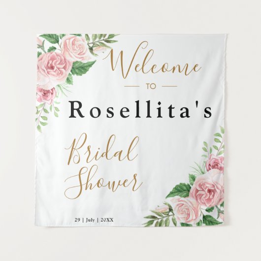 ピンクの水彩花のウェディングシャワー タペストリー (正面)