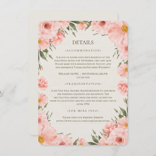 ピンクの水彩花のウェディングディテール封筒C エンクロージャーカード (正面/裏面)