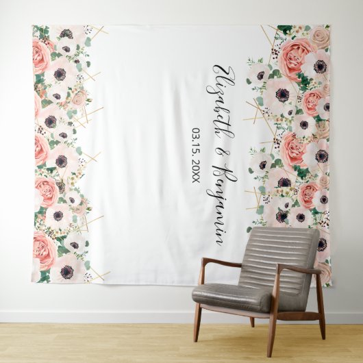ピンクの水彩花のウェディングフォトバックドロップ タペストリー (インサイチュ(横))