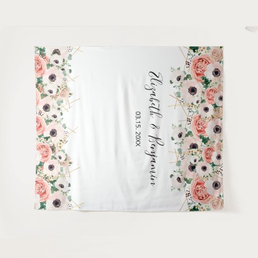 ピンクの水彩花のウェディングフォトバックドロップ タペストリー (正面(横))