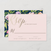 ピンクの水彩花のウェディング招待状カード 出欠カード (正面/裏面)