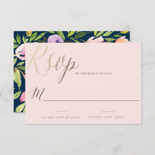 ピンクの水彩花のウェディング招待状カード 出欠カード (正面/裏面)