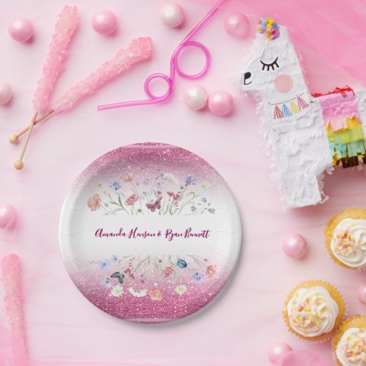 ピンクの水彩花のウェディング ペーパープレート (パーティー)