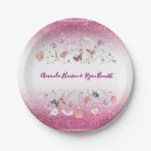 ピンクの水彩花のウェディング ペーパープレート (正面)