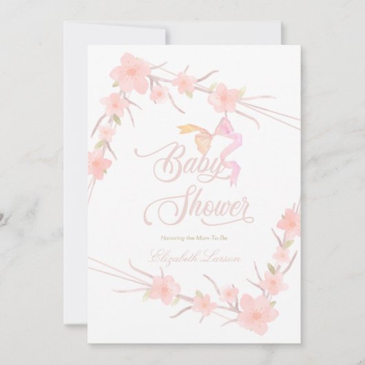 ピンクの水彩花のエレガントなベイビーシャワー 招待状 (正面)