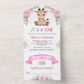 ピンクの水彩花のキリン ベビーシャワー オールインワン招待状 (内側)