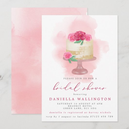 ピンクの水彩花のケーキ ブライダルシャワー 招待状 (正面/裏面)