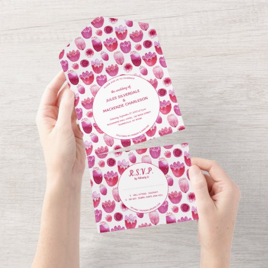 ピンクの水彩花のパタ結婚ーン オールインワン招待状 (貼ってはがせる)