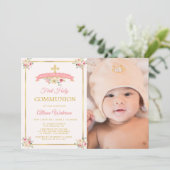 ピンクの水彩花のファーストコミュニオン写真 招待状 (スタンド正面)
