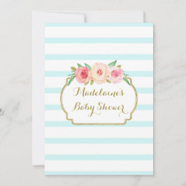 ピンクの水彩花のブルーのストライプ ベイビーシャワー 招待状