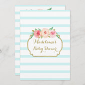 ピンクの水彩花のブルーのストライプ ベイビーシャワー 招待状 (正面/裏面)