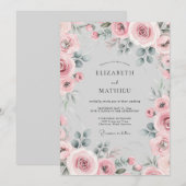 ピンクの水彩花のロマンティックな結婚式 招待状 (正面/裏面)