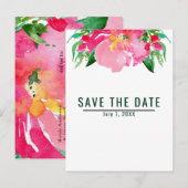 ピンクの水彩花の夏のデザイン Save the Date 案内ポストカード (正面/裏面)