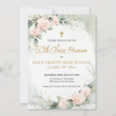 ピンクの水彩花の宗教的クラス再会 招待状 (正面)