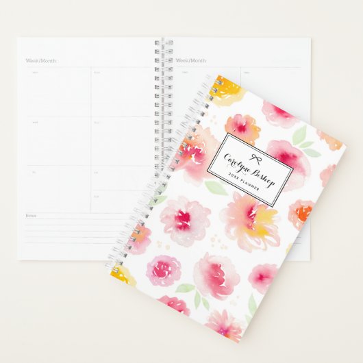 ピンクの水彩花の模様パーソナライズされた プランナー手帳 (ディスプレー)