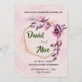 ピンクの水彩花の結婚式、金フレーム 招待状 (正面/裏面)