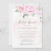ピンクの水彩花の芍薬 エレガントなブライダルシャワー 招待状 (正面)
