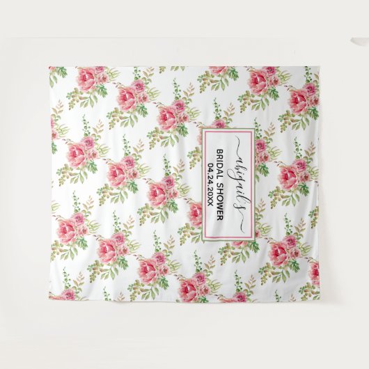 ピンクの水彩花の花のウェディングシャワー タペストリー (正面(横))