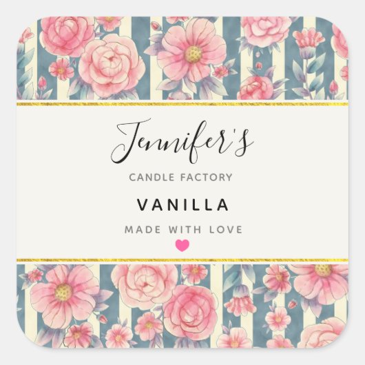 ピンクの水彩花ろうそく石鹸の香り スクエアシール (正面)