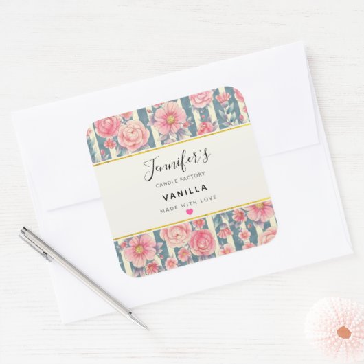 ピンクの水彩花ろうそく石鹸の香り スクエアシール (封筒)