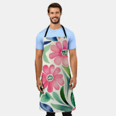 ピンクの水彩花アート エプロン (着用した状態)
