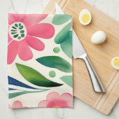 ピンクの水彩花アート キッチンタオル (四つ折り)