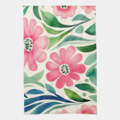 ピンクの水彩花アート キッチンタオル (縦)