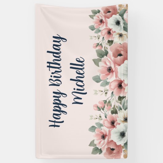 ピンクの水彩花イラストのハッピーバースデー 横断幕 (縦)