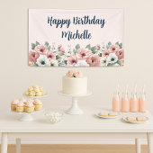 ピンクの水彩花イラストのハッピーバースデー 横断幕