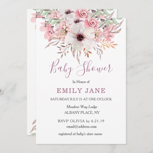 ピンクの水彩花イラストのベビーシャワー招待状 招待状 (正面/裏面)