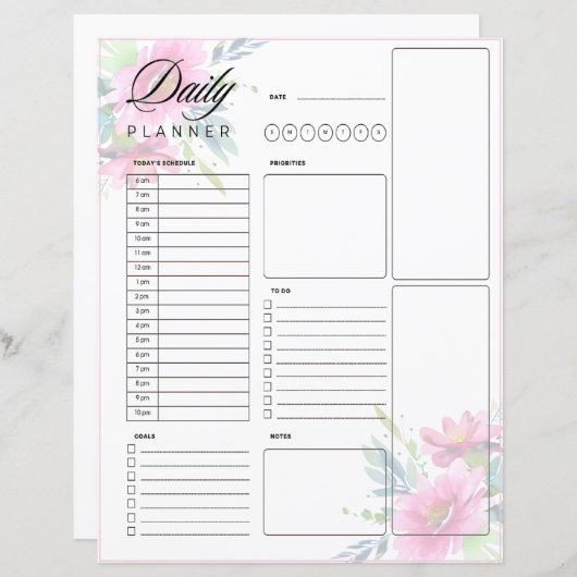 ピンクの水彩花デイリー計画シート (正面/裏面)