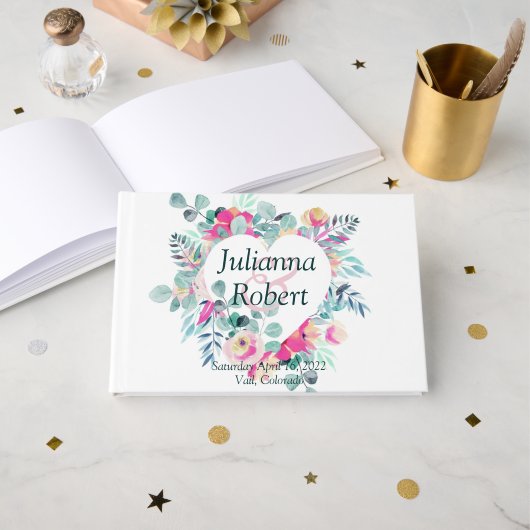 ピンクの水彩花ハート 結婚式 ゲストブック (正面見開き)