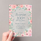 ピンクの水彩花バラ真珠 100歳の誕生日 アクリル招待状 (インサイチュ (ポータブル))