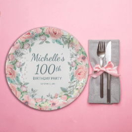 ピンクの水彩花バラ真珠 100歳の誕生日 ペーパープレート