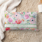 ピンクの水彩花ファミリー名スクリプト ランバークッション (ブランケット)