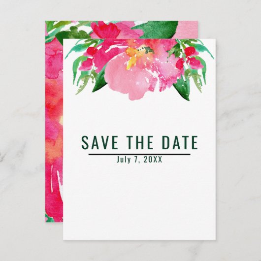 ピンクの水彩花フローラ夏の日付を保存 案内ポストカード (正面/裏面)
