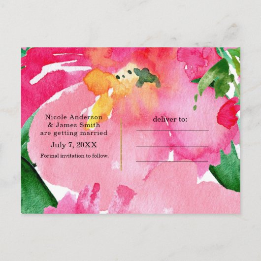 ピンクの水彩花フローラ夏の日付を保存 案内ポストカード (裏面)