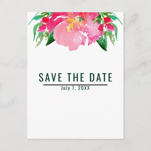ピンクの水彩花フローラ夏の日付を保存 案内ポストカード (正面)