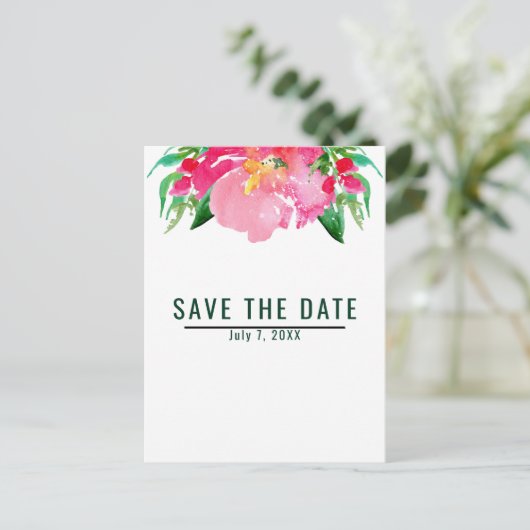 ピンクの水彩花フローラ夏の日付を保存 案内ポストカード (スタンド正面)