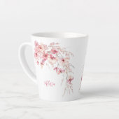 ピンクの水彩花ホワイトモノグラム カフェラテマグ (左アングル)