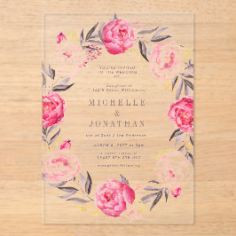ピンクの水彩花リース結婚ズ アクリル招待状