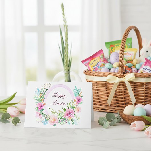 ピンクの水彩花円形フレーム オーダーメイド イースター シーズンカード