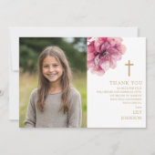 ピンクの水彩花写真第1聖餐式 サンキューカード (正面)