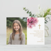 ピンクの水彩花写真第1聖餐式 サンキューカード (スタンド正面)