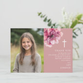 ピンクの水彩花写真 ファースト・ホーリー・コミュニオン サンキューカード (スタンド正面)