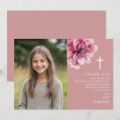 ピンクの水彩花写真 ファースト・ホーリー・コミュニオン サンキューカード (正面/裏面)