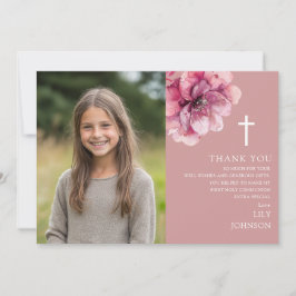 ピンクの水彩花写真 ファースト・ホーリー・コミュニオン サンキューカード