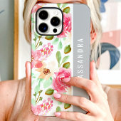 ピンクの水彩花卉植物カスタムネーム Case-Mate iPhoneケース