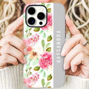 ピンクの水彩花卉植物カスタムネーム iPhone 16 PRO MAXケース
